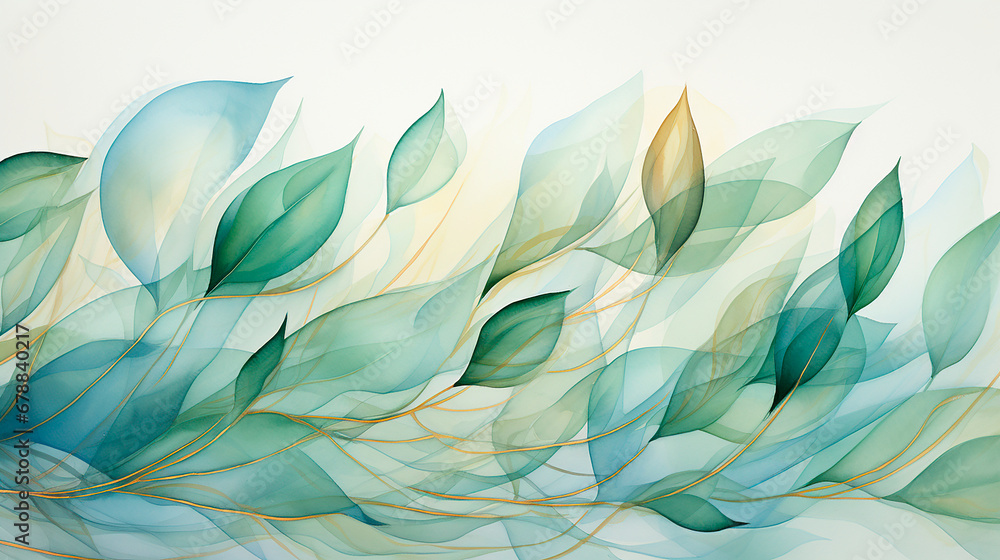 Hojas acuarela ilustración liquida - Dorado hojas plantas ramas pintura abstracto - Verde y oro - obrazy, fototapety, plakaty 