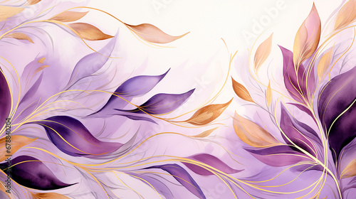 Hojas acuarela ilustración liquida - Dorado hojas plantas ramas pintura abstracto - Morado y oro