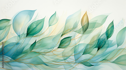 Hojas acuarela ilustración liquida - Dorado hojas plantas ramas pintura abstracto - Verde y oro photo