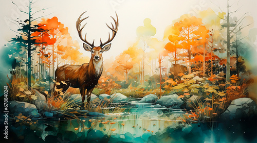 Pintura naturaleza - Paisaje acuarela rio y arce - arbol bosque mamifero