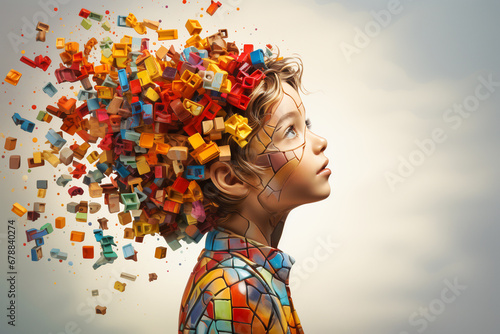 ADHD, attention deficit hyperactivity disorder, autism, mental health, head of a child with colorful jigsaw or puzzle pieces  photo
