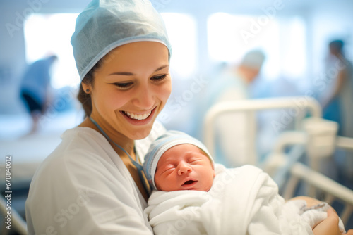Nurse cradling a newborn baby, displaying genuine emotions of nurture and care for infant. New beginnings moment captured in a modern hospital setting photo