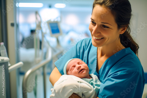 Nurse cradling a newborn baby, displaying genuine emotions of nurture and care for infant. New beginnings moment captured in a modern hospital setting photo