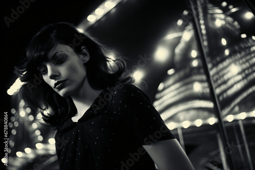 Somber woman with blurred ferris wheel lights behind