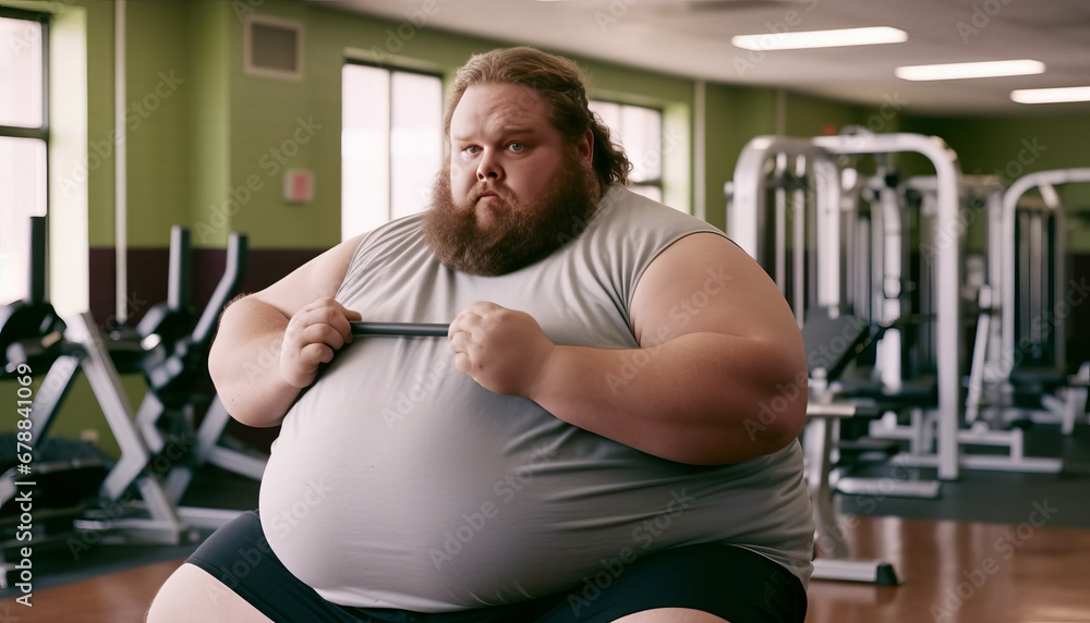 Overweight man in gym, 2000-pound character, chubby appearance, fitness journey. Overweight man in gym, 2000-pound character, chubby appearance, fitness journey.
