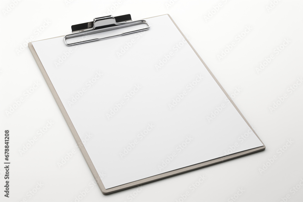 White clipboard with blank paper and pen on grey background White clipboard with blank paper and pen on grey background