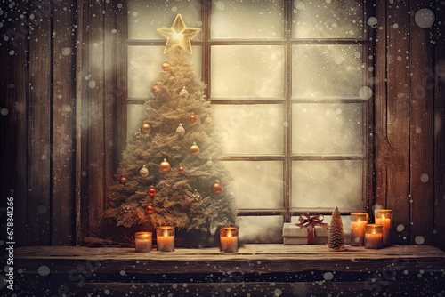 Fondo vintage de navidad con arbol decorado con bolas y estrella dorada, sobre mesa de madera rustica decorada con velas encendidas, sobre fondo de cristaleras y bokeh borroso photo
