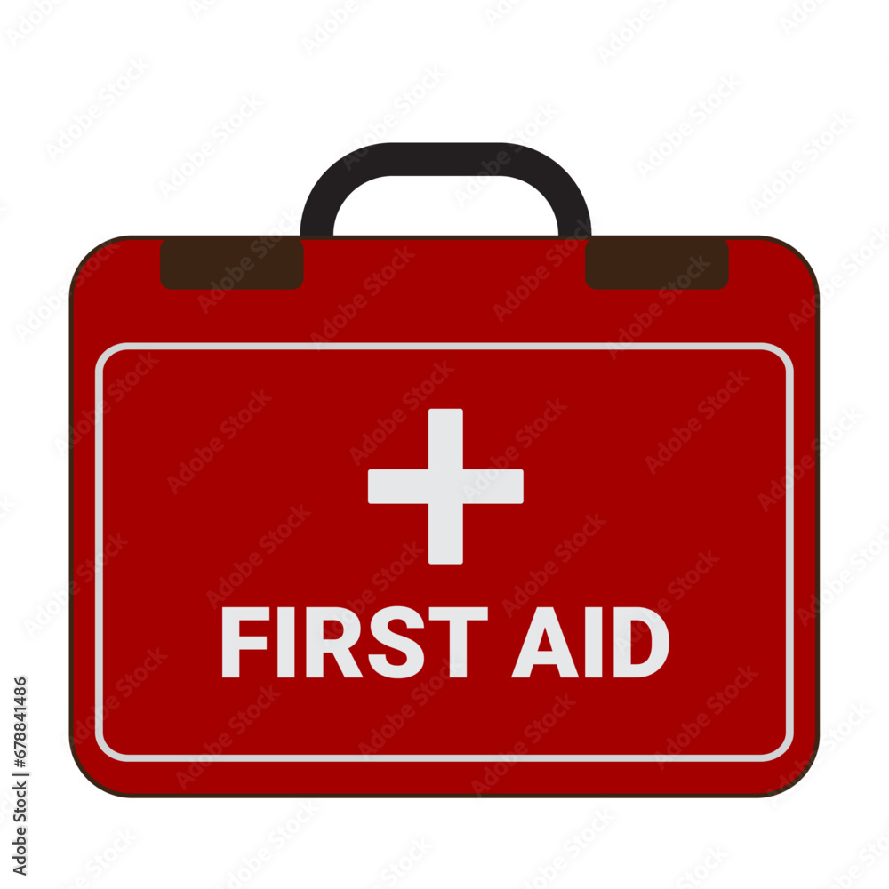 Obraz premium First aid box vector isolated. Red object with a cross on it, medical equipment, First aid storage, doctor's case.
