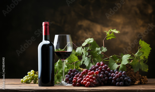 Classic red wine bottle, blank matte label, grapes on wooden table
