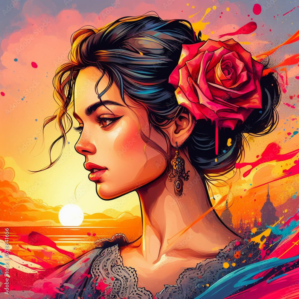 magnificent realistic cartoon art, logo for t-shirt print, splash of colors, side face of a spanish woman with rose in her hair, ultra realistic details, sunset, spain - obrazy, fototapety, plakaty 