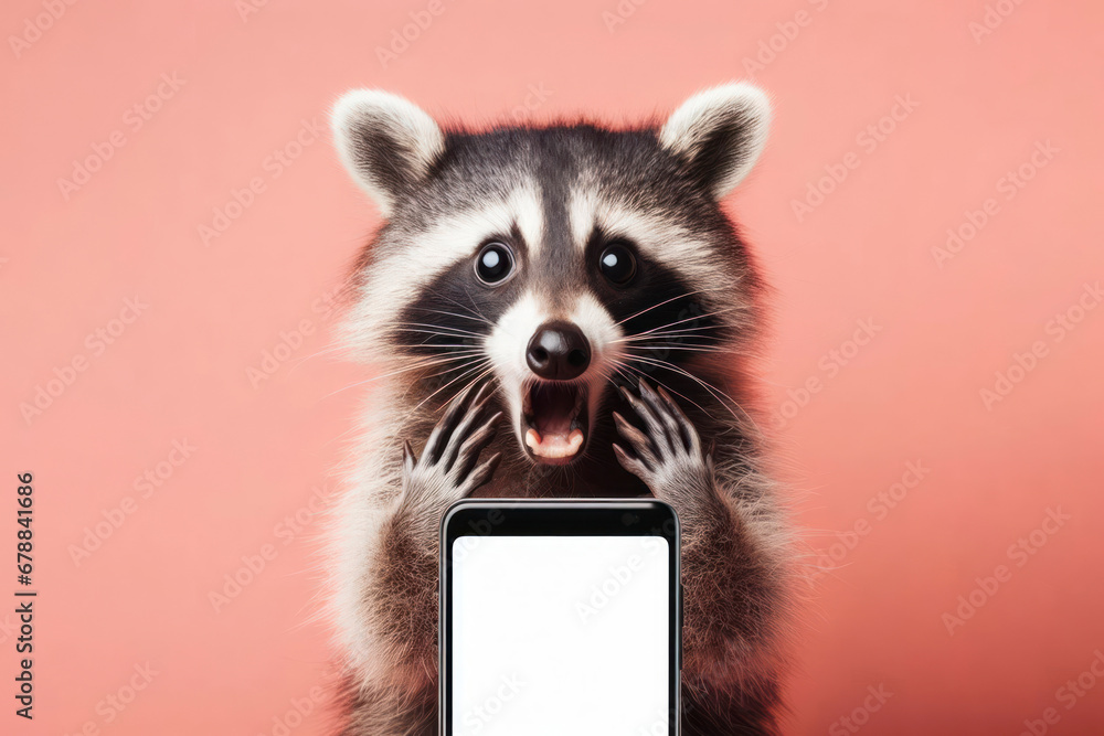 Shocked racoon holding smartphone with white mockup screen on solid color background. ai generative - obrazy, fototapety, plakaty 