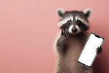 Shocked racoon holding smartphone with white mockup screen on solid color background. ai generative