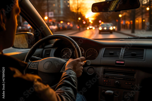 Man driving through the city streets at dusk, view from back seat. Concept of rush hour and moving city traffic photo