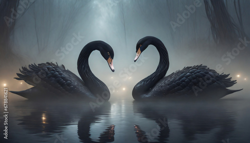 Two black swans on a lake in the fog photo