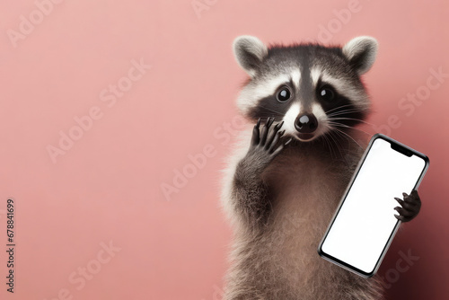 Shocked racoon holding smartphone with white mockup screen on solid color background. ai generative photo