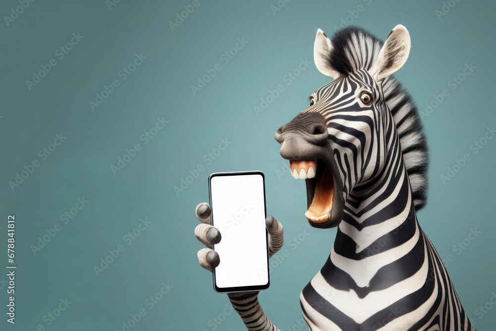 Shocked zebra holding smartphone with white mockup screen on solid color background. ai generative - obrazy, fototapety, plakaty 