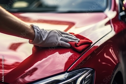 Washing car with cloth. Hand polishing vehicle. Ai Generative © ArtmediaworX