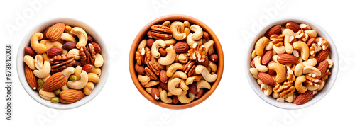 Mix of nuts such as almonds, cashews, peanuts, pecan nits om three different bowls over white transparent background