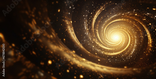 a gold shaped swirl that creates an intense effect, in the style of bokeh panorama, shaped canvas, cosmic landscape