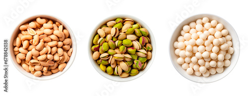 Top view of three bowls full of peanuts, pistachios and macadamia nuts on isolated transparent background