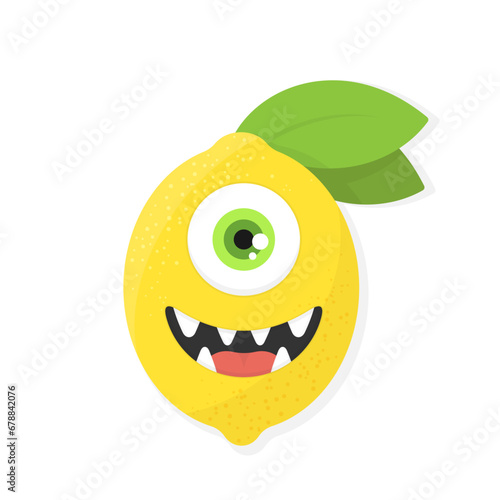 Cute monster lemon with one eye and toothy smile. Vector flat illustration. Character design.