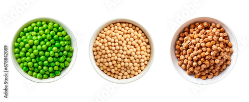 Green peas, soy beans and tiger nuts on three white bowls. Top view shot on isolated transparent background photo