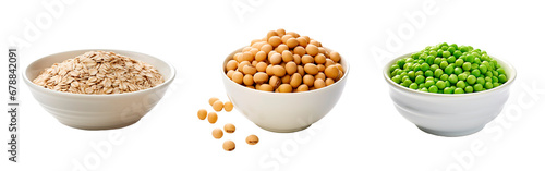 Three bowls full of oats, soy beans and green peas on white transparent background
