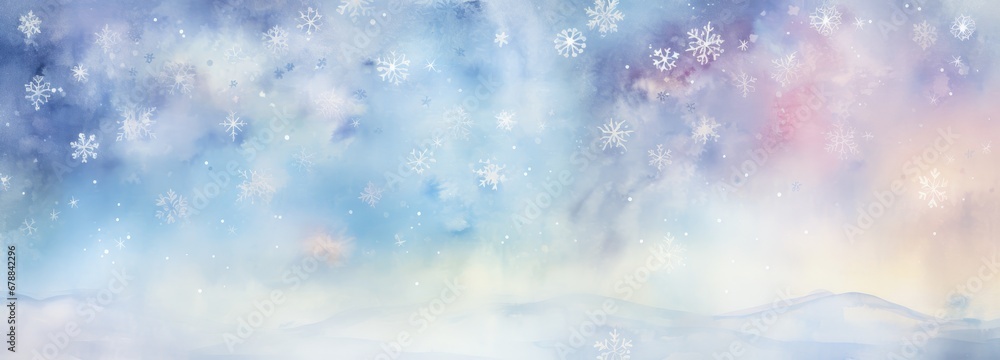 Wide banner winter background with snowflakes and bokeh on soft blue background in watercolor style with space for text. Christmas, New Year Illustration Wide banner winter background with snowflakes and bokeh on soft blue background in watercolor style with space for text. Christmas, New Year Illustration