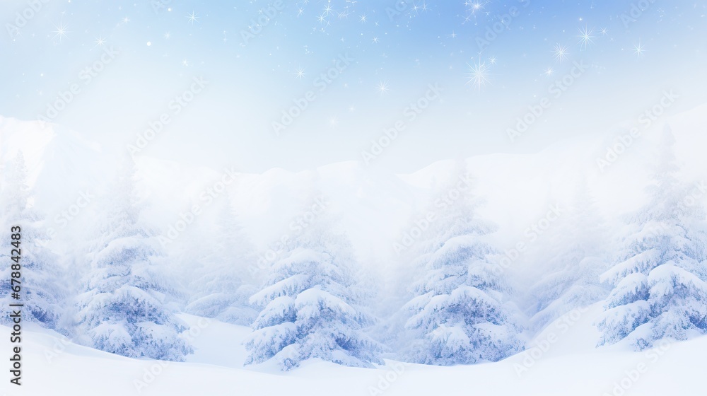 A magical winter forest scene blanketed in snow with twinkling stars, evoking a sense of wonder