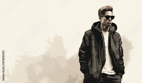 A simple sketch of a man with glasses and a jacket. Figure from the waist up. Beige background with smoke effect