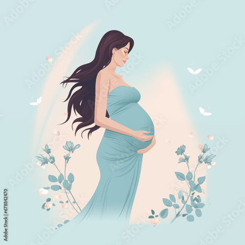 Beautiful pregnant woman banner with copy space, concept of pregnancy, parenthood, Card for design, on a light blue background. 
