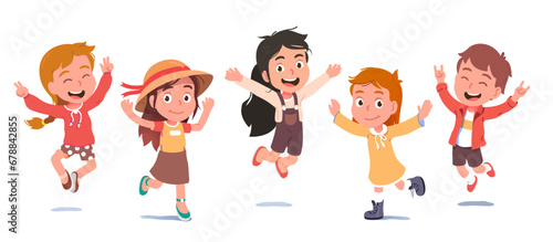 Girls, boys kids having fun, running, jumping