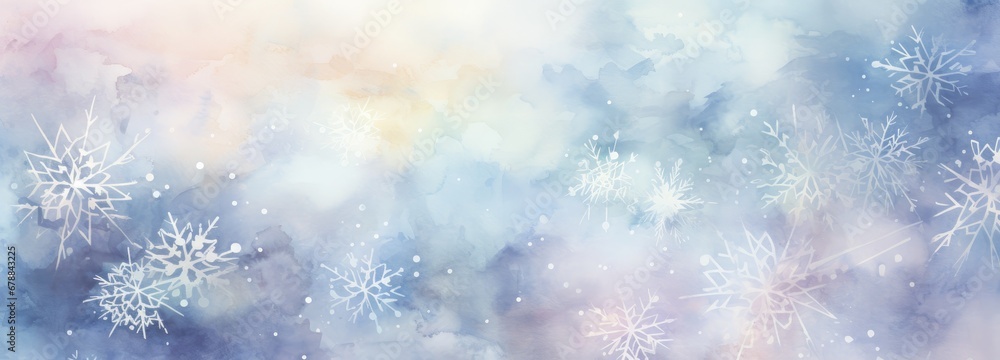 Wide banner winter background with snowflakes and bokeh on soft blue background in watercolor style with space for text. Christmas, New Year Illustration Wide banner winter background with snowflakes and bokeh on soft blue background in watercolor style with space for text. Christmas, New Year Illustration