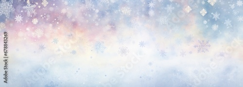 Wide banner winter background with snowflakes and bokeh on soft blue background in watercolor style with space for text. Christmas, New Year Illustration