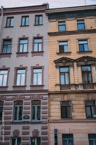 Facades of ancient buildings. Brown and yellow buildings. Historical value. Architecture of Old Europe