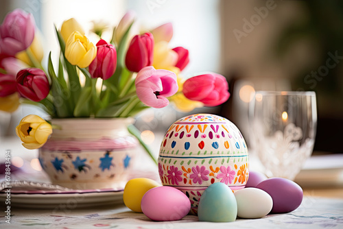 Elegant Easter Arrangement with Tulips and Painted Eggs