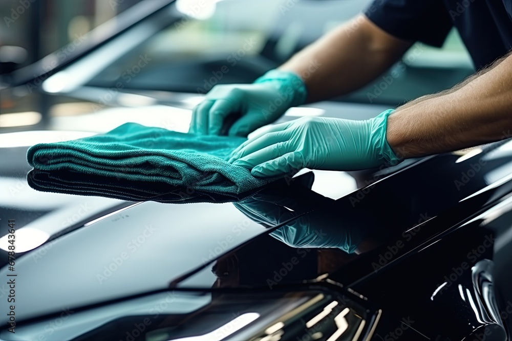 Washing car with cloth. Hand polishing vehicle. Ai Generative Washing car with cloth. Hand polishing vehicle. Ai Generative