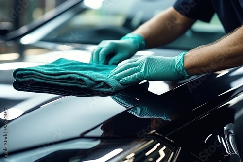 Washing car with cloth. Hand polishing vehicle. Ai Generative photo