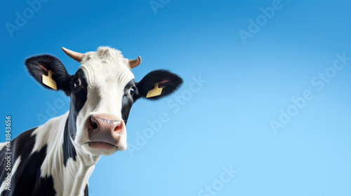 Funny cute cow isolated on blue. Talking black and white cow close up. Funny curious cow. Farm animals. Pet cow on sky background looking at the camera