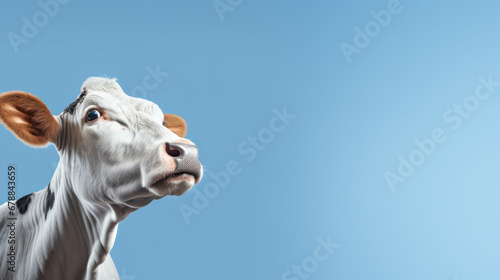 Funny cute cow isolated on blue. Talking black and white cow close up. Funny curious cow. Farm animals. Pet cow on sky background looking at the camera photo