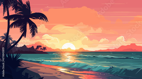 Fototapeta Naklejka Na Ścianę i Meble -  Tropical beach at sunset with palms. Vector illustration in cartoon style