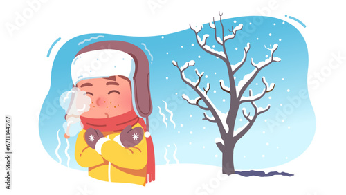 Freezing kid shivering in cold winter weather