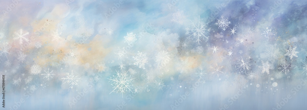 Wide banner winter background with snowflakes and bokeh on soft blue background in watercolor style with space for text. Christmas, New Year Illustration Wide banner winter background with snowflakes and bokeh on soft blue background in watercolor style with space for text. Christmas, New Year Illustration