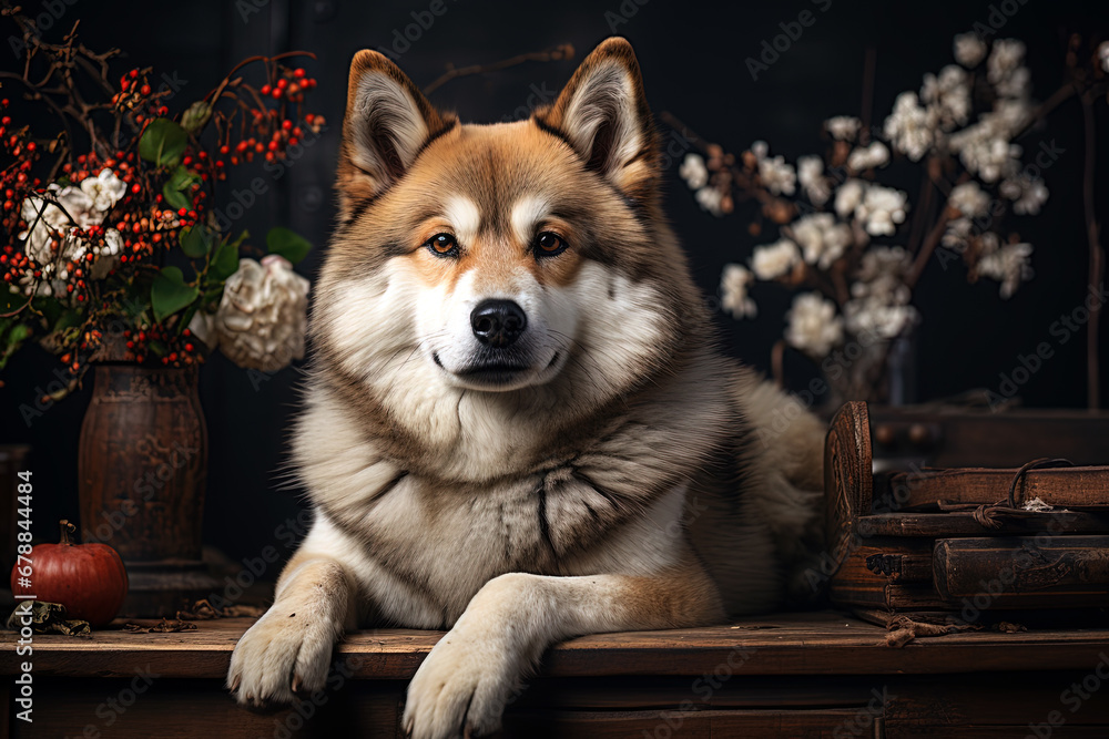 portrait of an American akita on a dark background, natural light, studio background, close up, cropped photo. Ai art