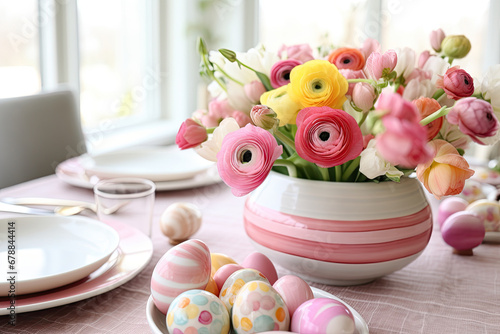Easter Table Setting with Vibrant Spring Flowers and Eggs 