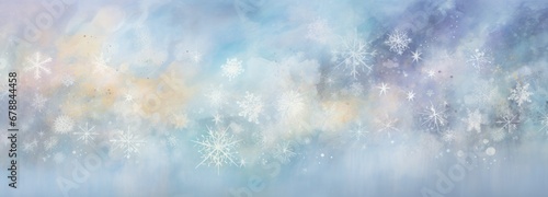 Wide banner winter background with snowflakes and bokeh on soft blue background in watercolor style with space for text. Christmas, New Year Illustration