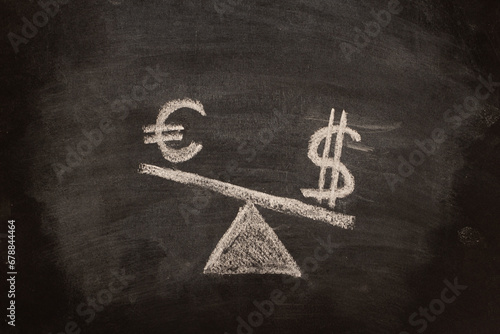 Concept of US dollar and euro oscillation, chalk drawing on blackboard. photo