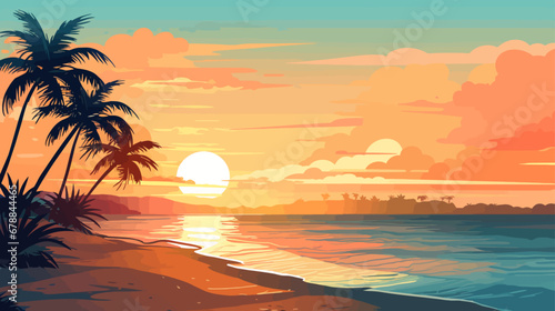 Tropical beach at sunset with palms. Vector illustration in cartoon style