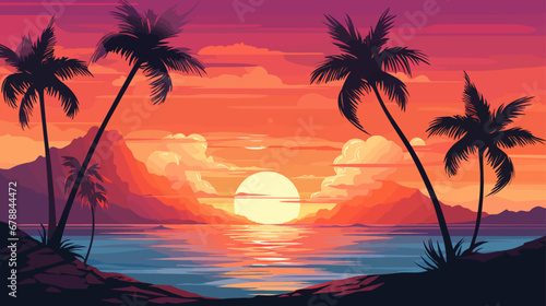Tropical beach at sunset with palms. Vector illustration in cartoon style © xxstudio
