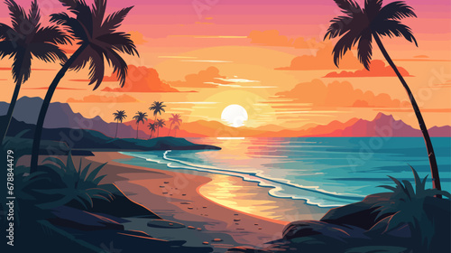 Tropical beach at sunset with palms. Vector illustration in cartoon style